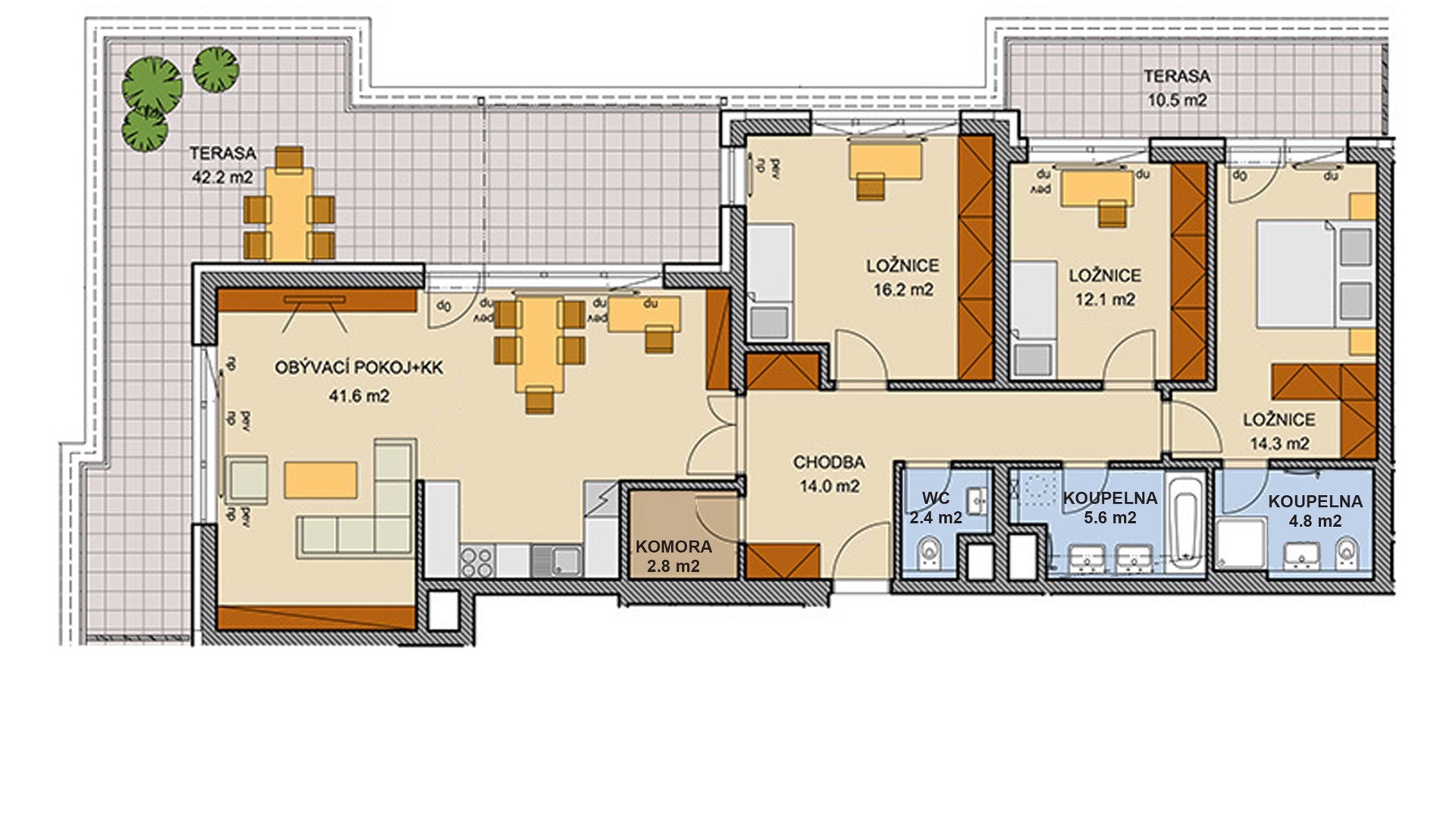 Prodej bytu 4+kk, 120 m², 2 terasy 52 m², 2 koupelny, garážové stání, Praha - Dolní Měcholupy