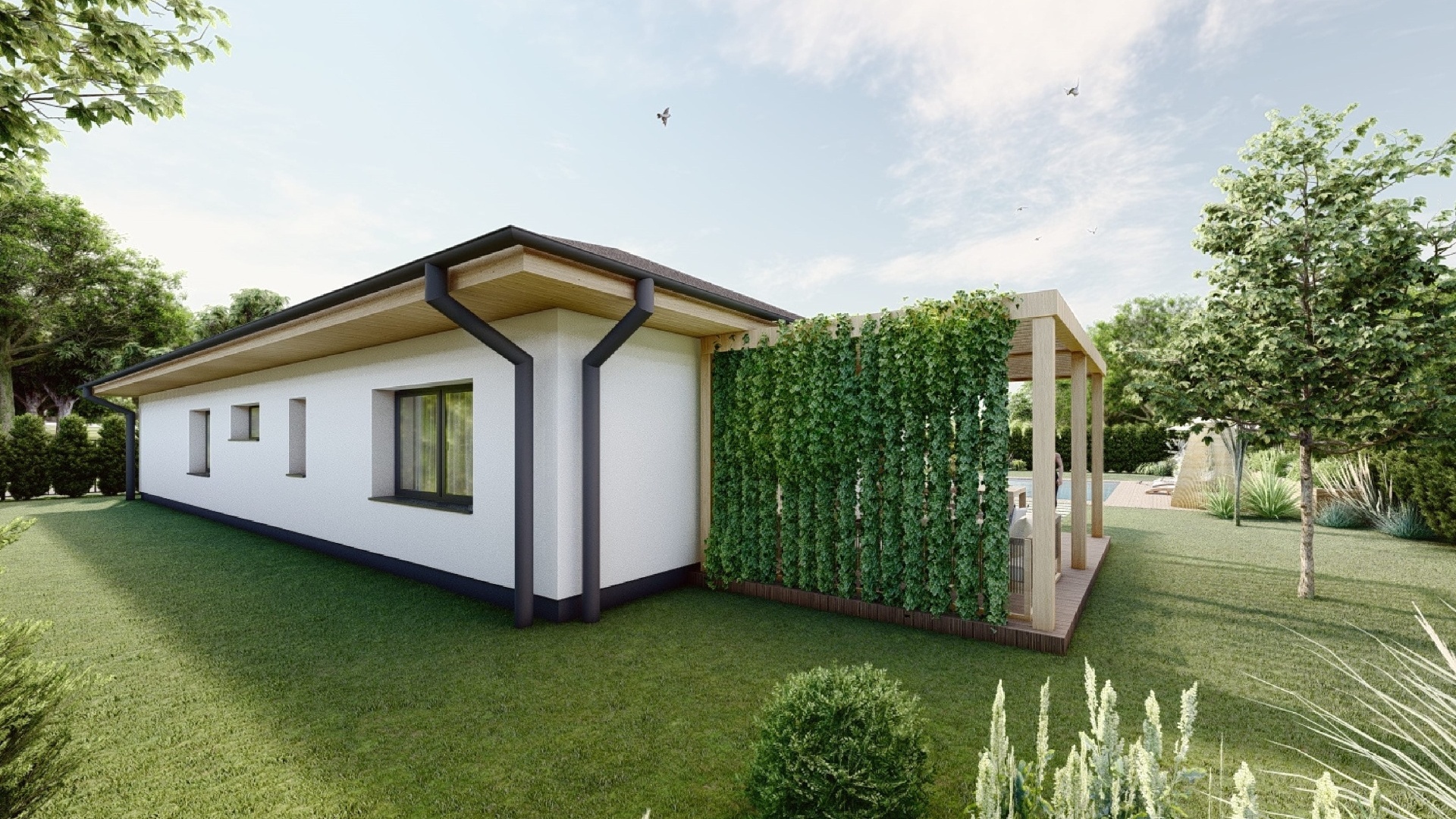 Novostavba bungalovu 4+1, s terasou a krytým stáním pro auto, Milíkov