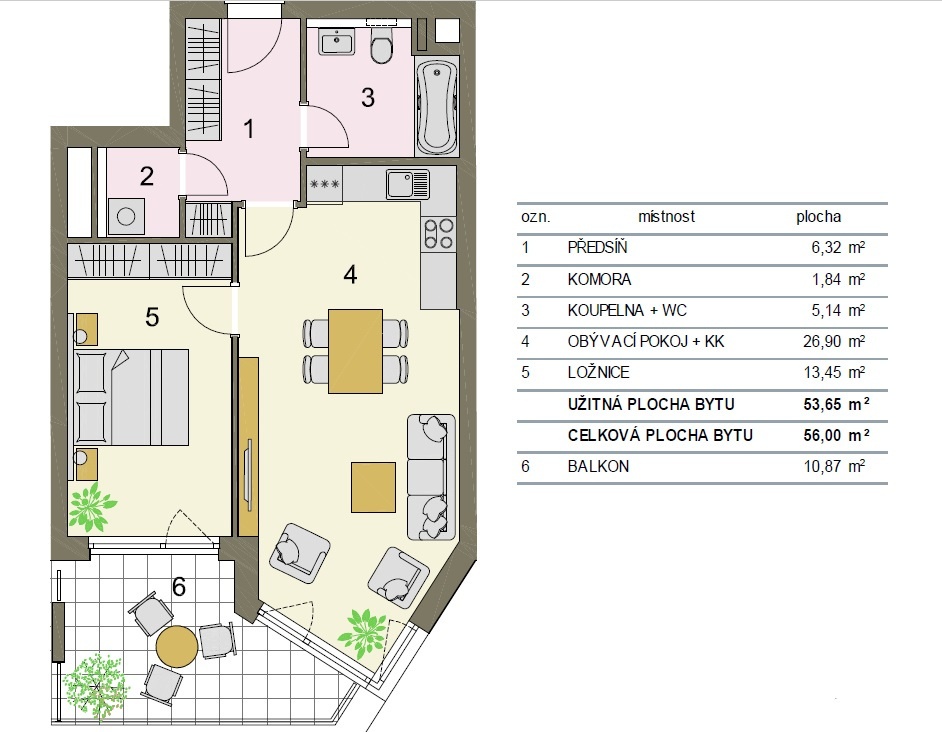 Pronájem bytu 2+kk (56 m²) s luxusní krytou terasou a parkováním - Praha - Hloubětín