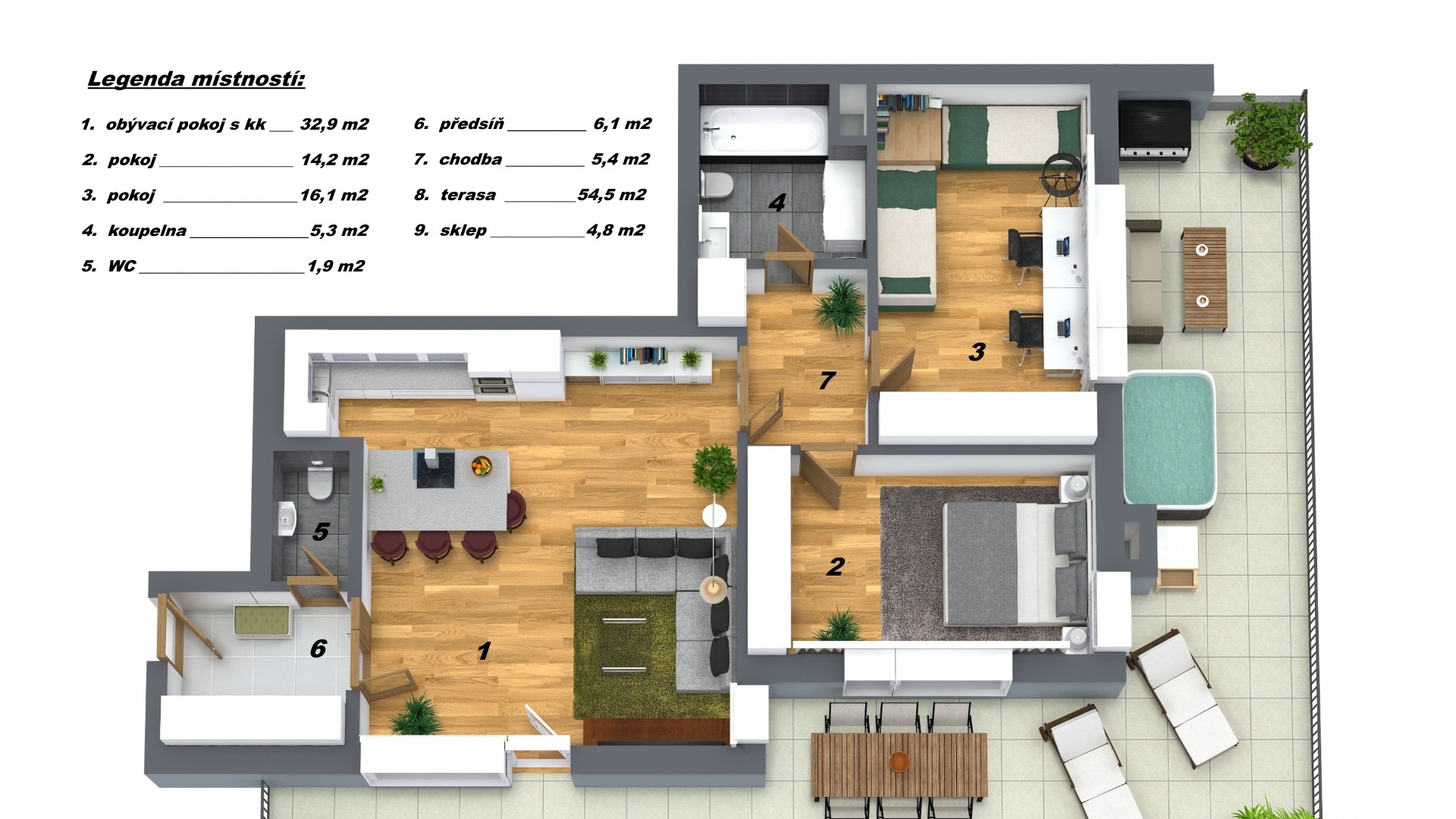 Byt 3+kk, 82  m2, terasa 55 m2, garážové stání