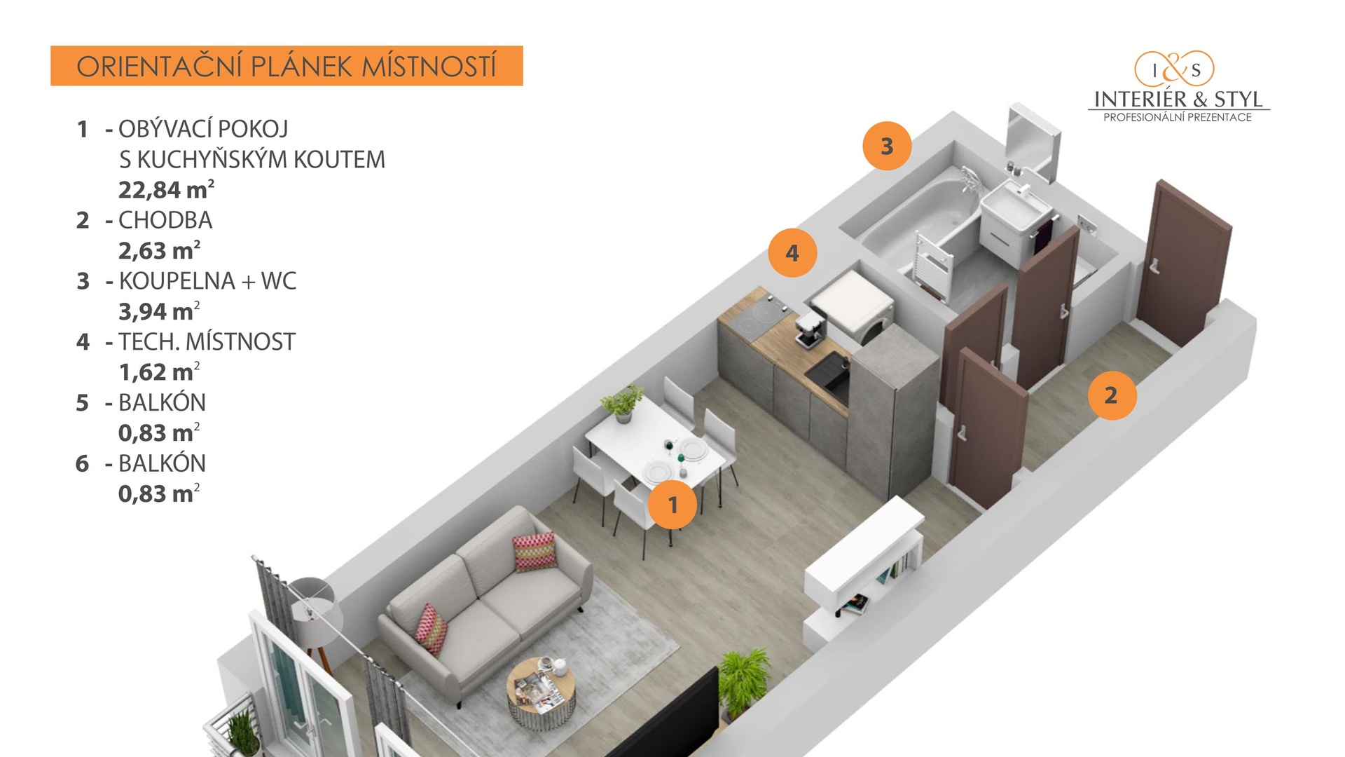Pronájem bytu 1+kk s dvěma balkony, 33 m² - Praha - Košíře
