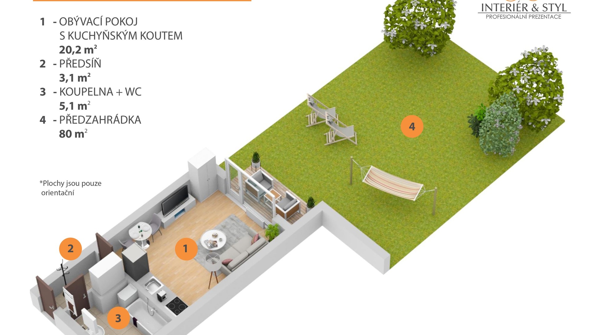 Pronájem bytu 1+kk se zahradou (30 m² + 80 m²) - Hostivice