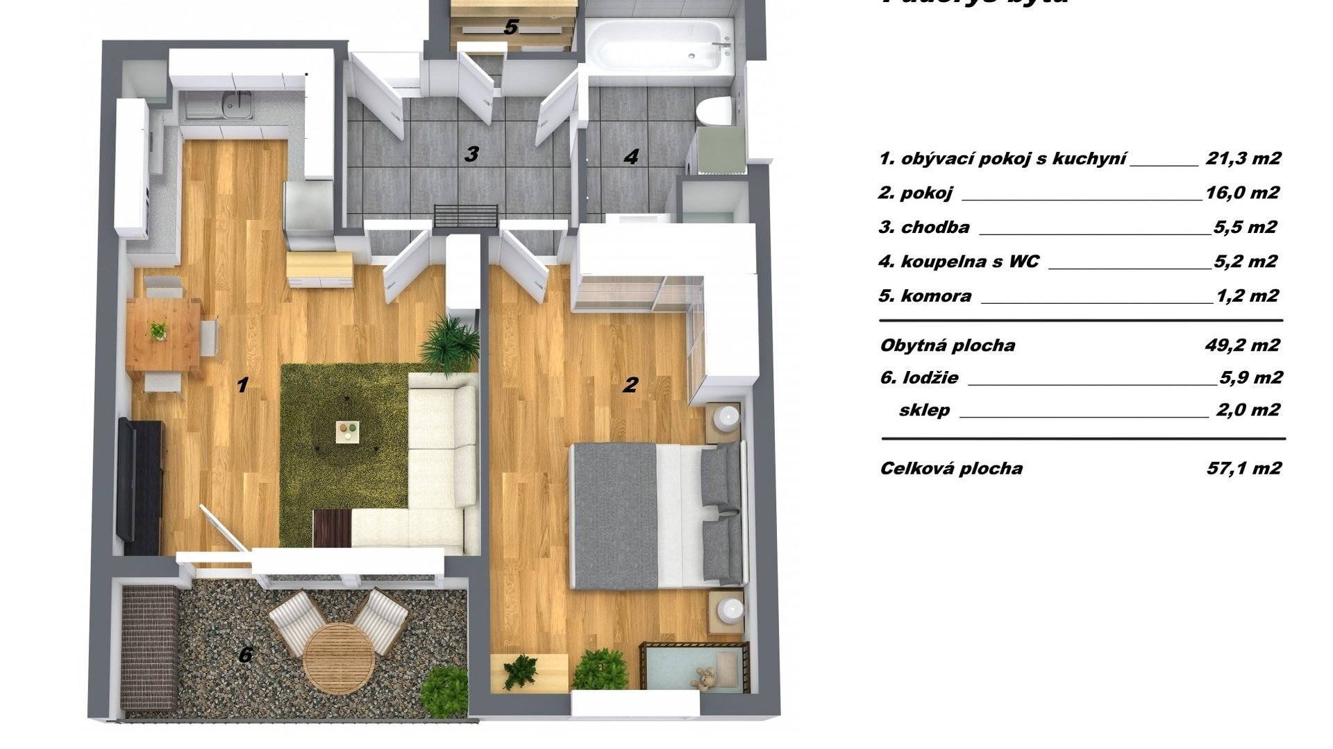 Prodej bytu 2kk s obytnou plochou 49 m2 a prostornou lodžií 6 m2 Praha Uhříněves