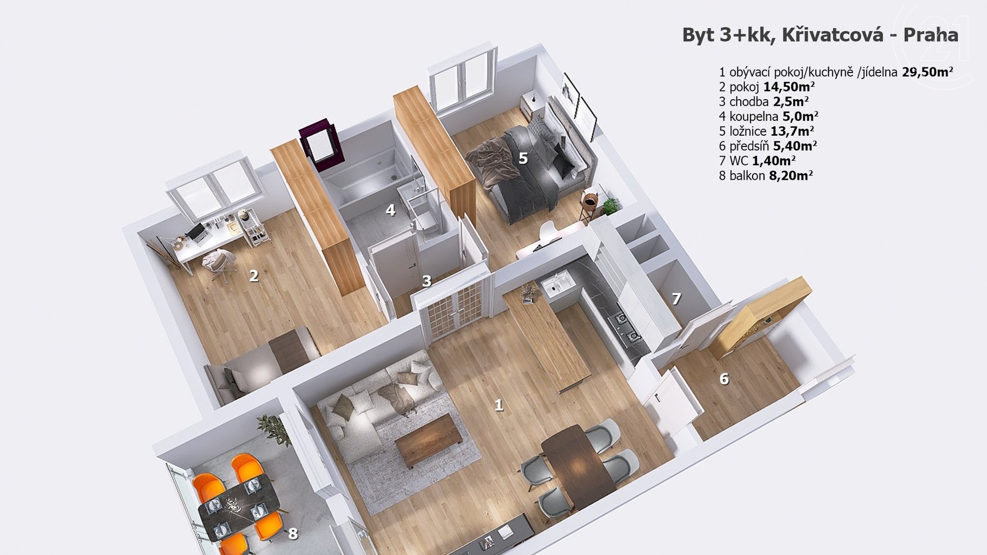 Prodej bytu 3+kk s balkonem, sklepem a parkovacím stáním, 80 m² - Praha, Zličín