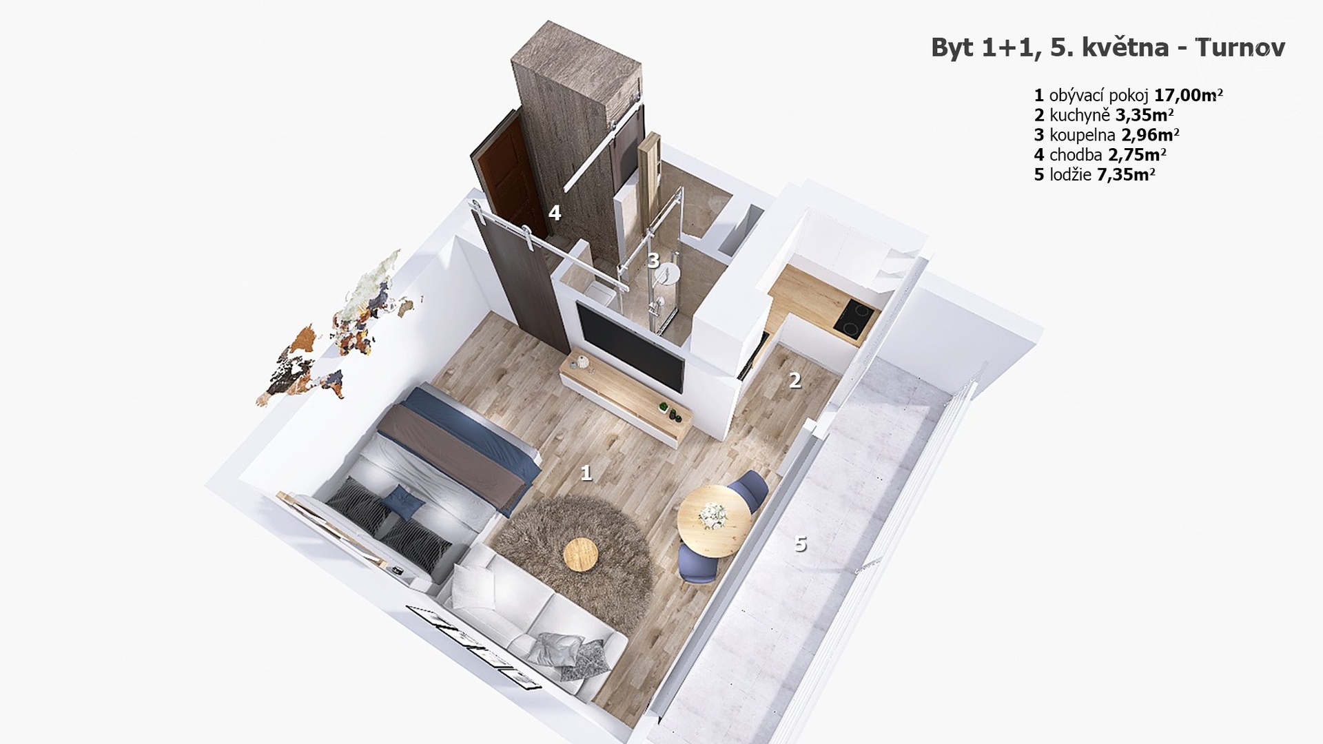 Pronájem bytu 1+1 s lodžií 7,35 m², Turnov
