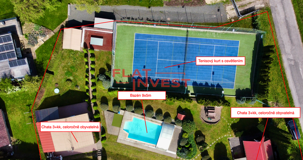 Prodej rekreačního areálu 2 chat, bazénu a tenisového kurtu, Březka, Libuň