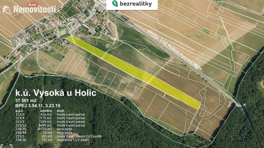 Prodej pole 37 561 m², Ostřetín - Vysoká u Holic