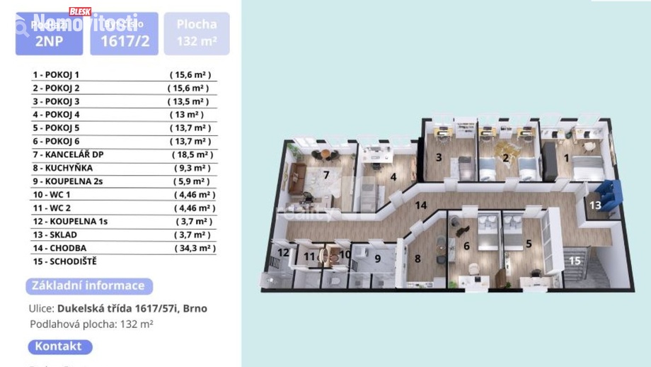 Pronájem atypického bytu 132 m², Brno