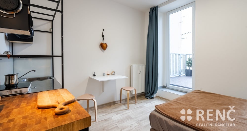 Pronájem bytu po rekonstrukci o dispozici 1+kk (23 m2) s terasou 17 m2 na Palackého třídě v Brně