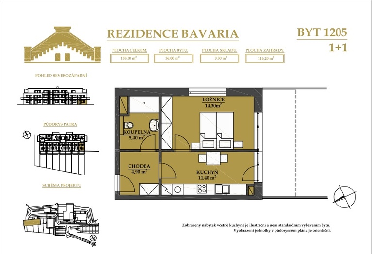 Pronájem bytu 1+1 s terasou a větší zahradou, 36 m² Rezidence Bavaria